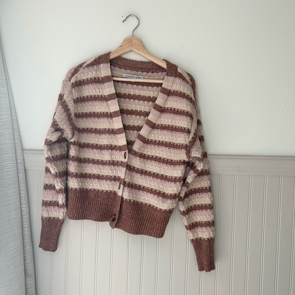 Celebrity Pink Sweaters - Celebrity Pink Medium Tan Striped Knit Button Up Cardigan Sweater
